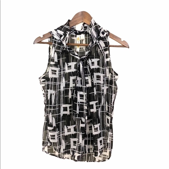 Adiva Black & White Sheer Abstract Tie Neck Blouse - Picture 1 of 5